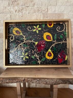 Handmade Floral Mosaic Serving Tray - Black, Yellow, Red, Green